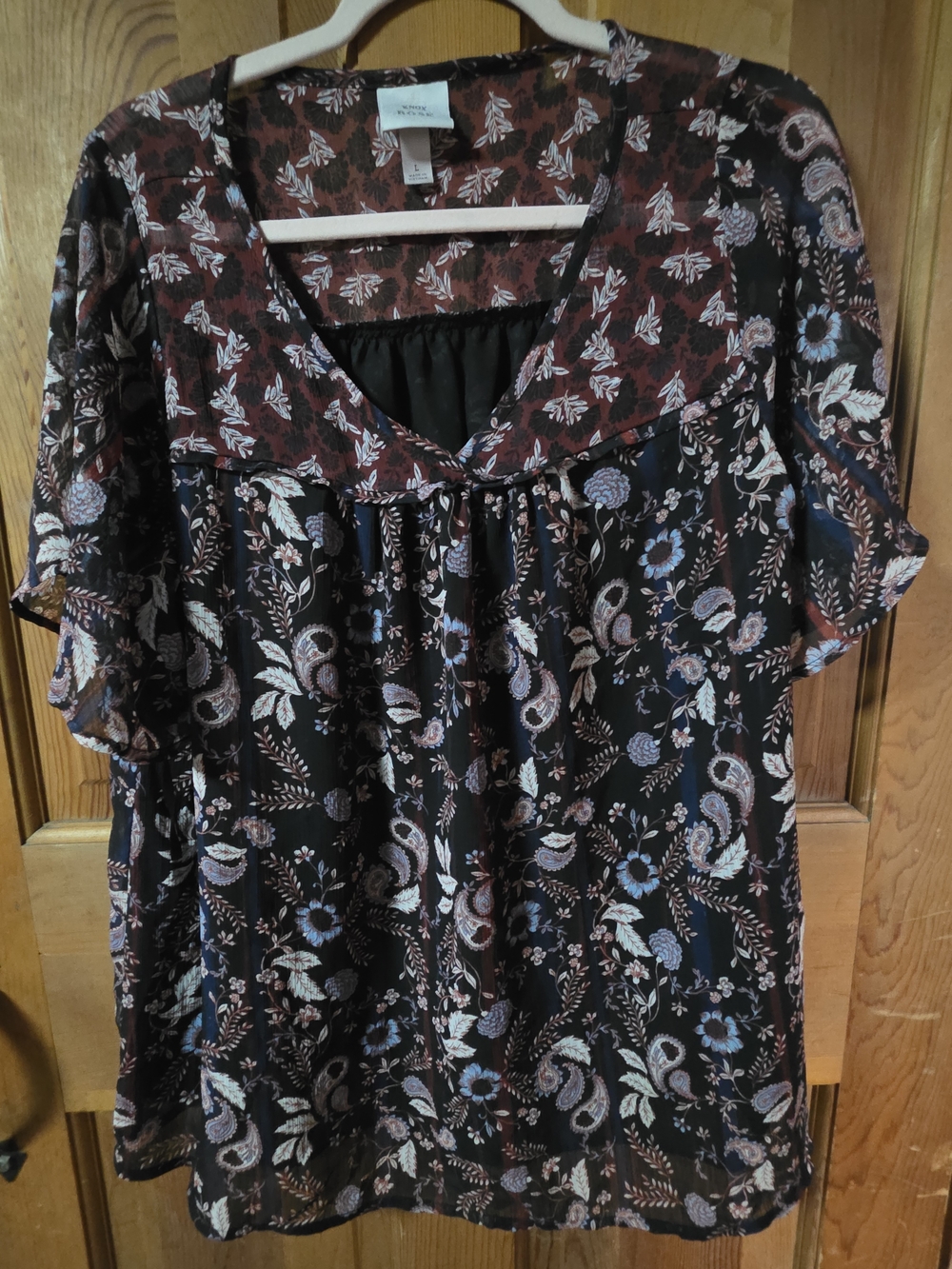 Knox Rose Black Floral Paisley Blouse with Brown & Blue Accents